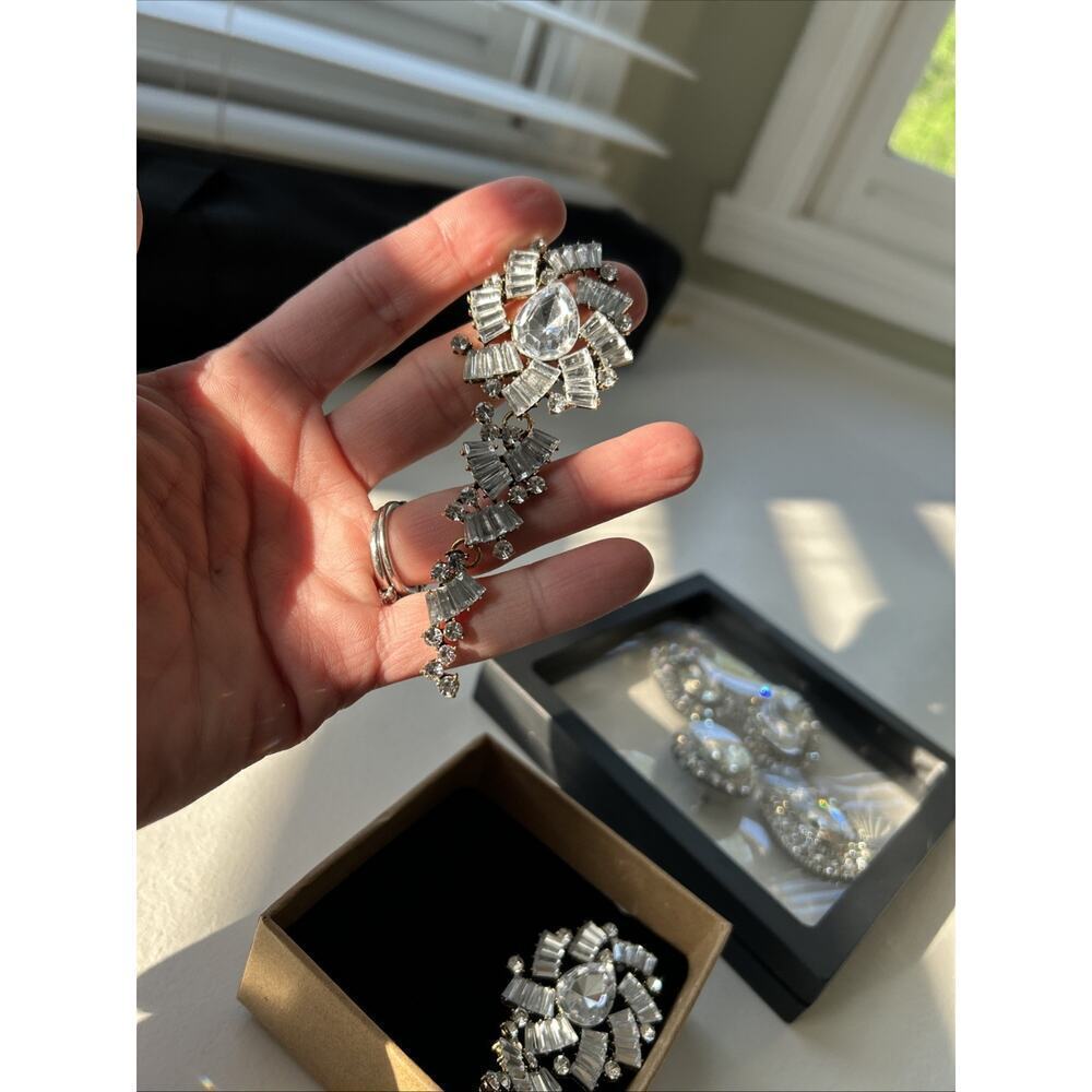 Pageant Prom Earrings Large Rhinestone Crystal Silver Clear Lot Drag Chandelier - Picture 11 of 13